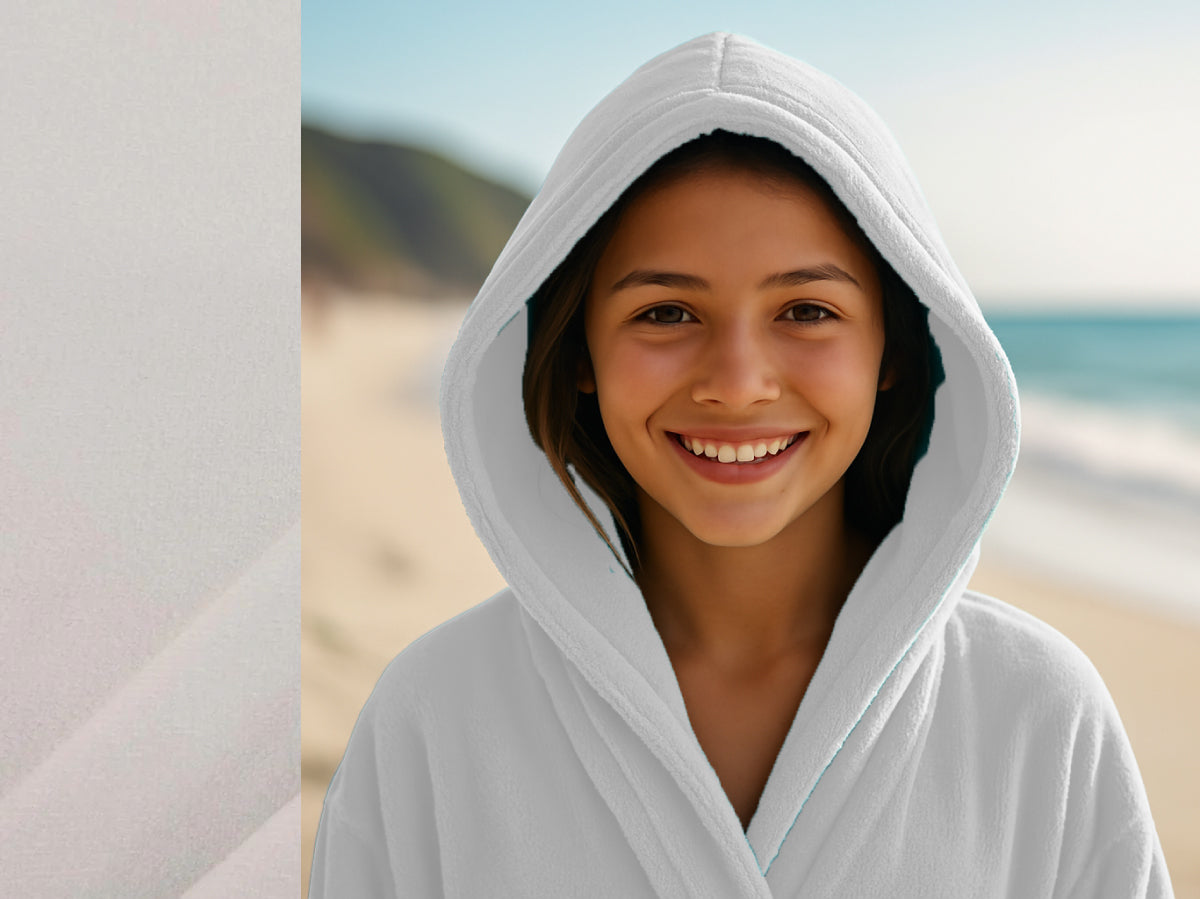 White towel hoodie on Teen at beach – Bean Design