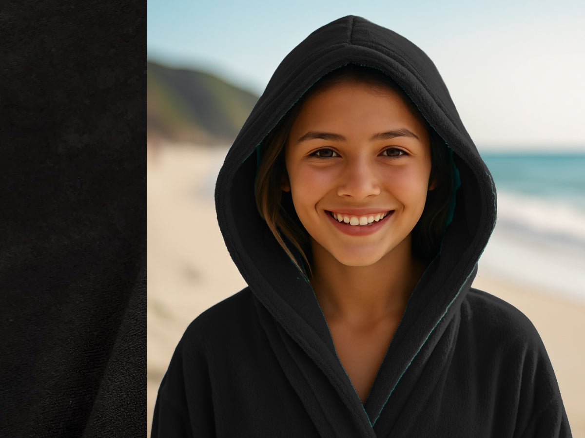 Black towel hoodie on Teen at beach – Bean Design