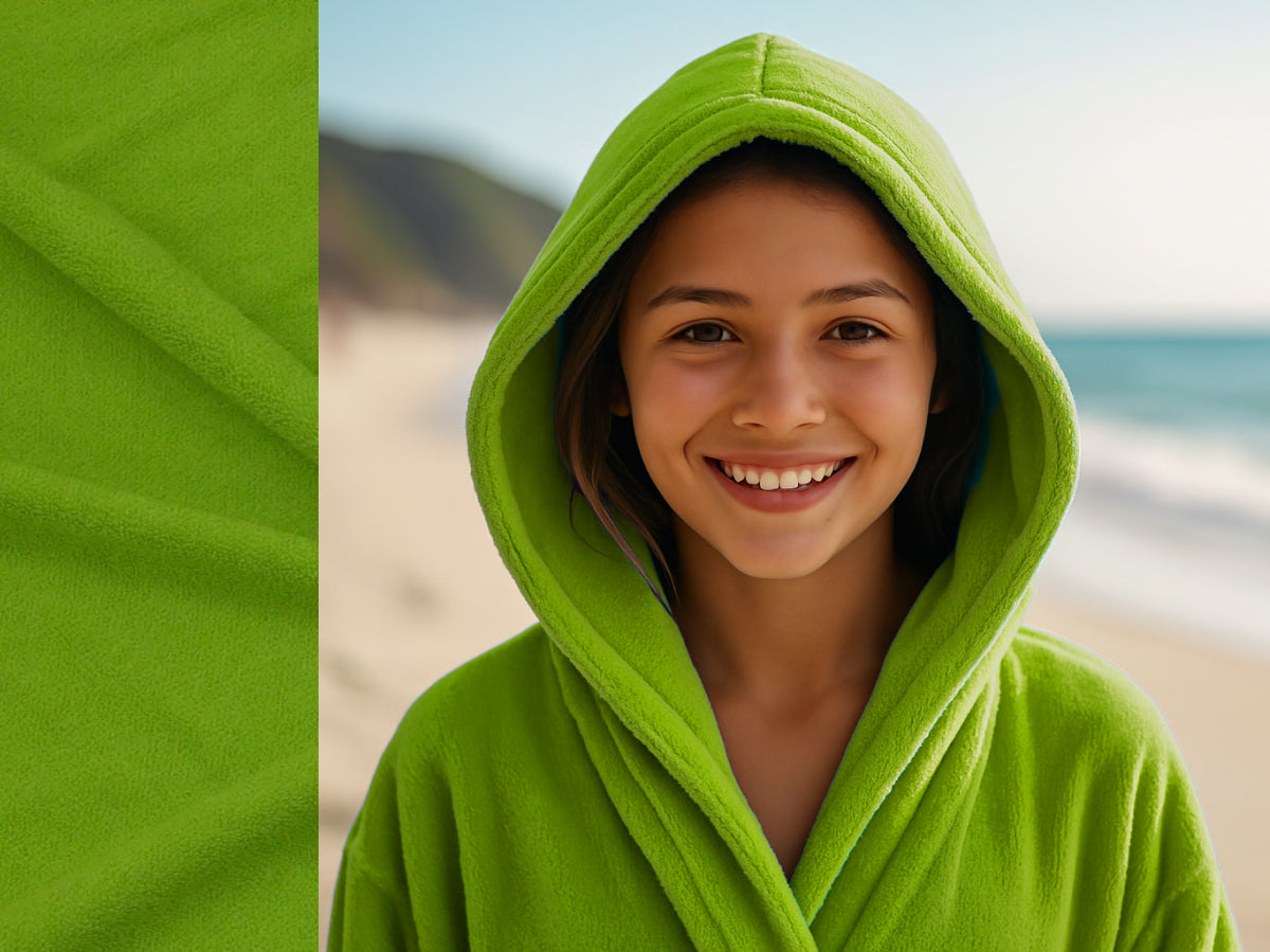 Green towel hoodie on Teen at beach – Bean Design