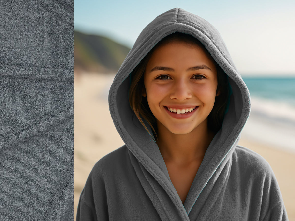 Grey towel hoodie on Teen at beach – Bean Design