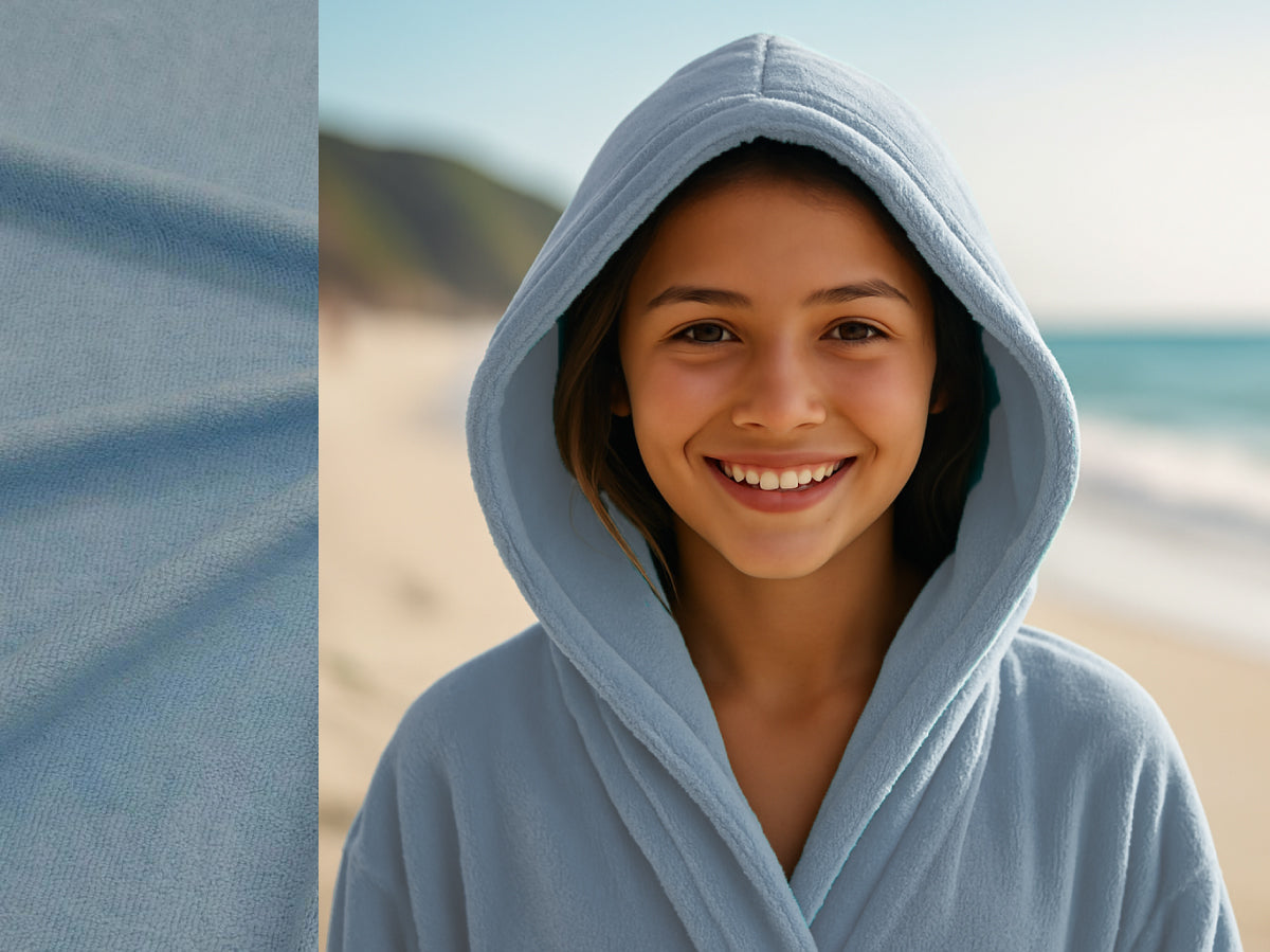 Light Blue towel hoodie on Teen at beach – Bean Design