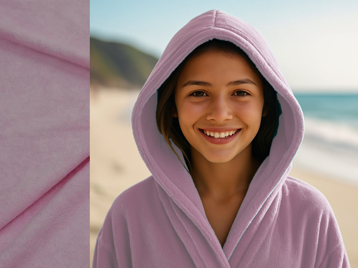 Light Pink towel hoodie on Teen at beach – Bean Design