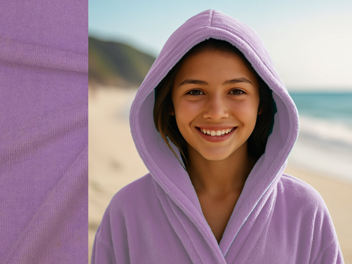 Lilac towel hoodie on Teen at beach – Bean Design