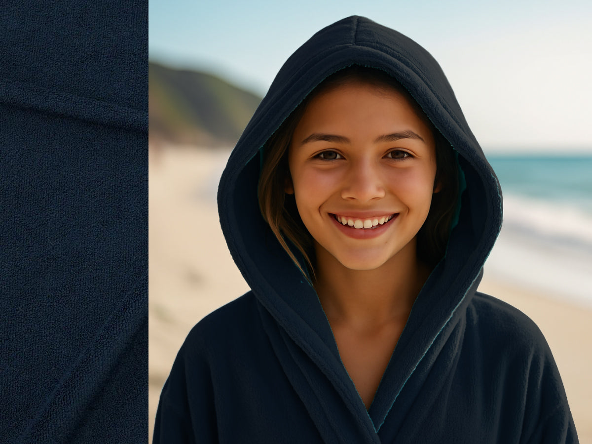 Navy towel hoodie on Teen at beach – Bean Design