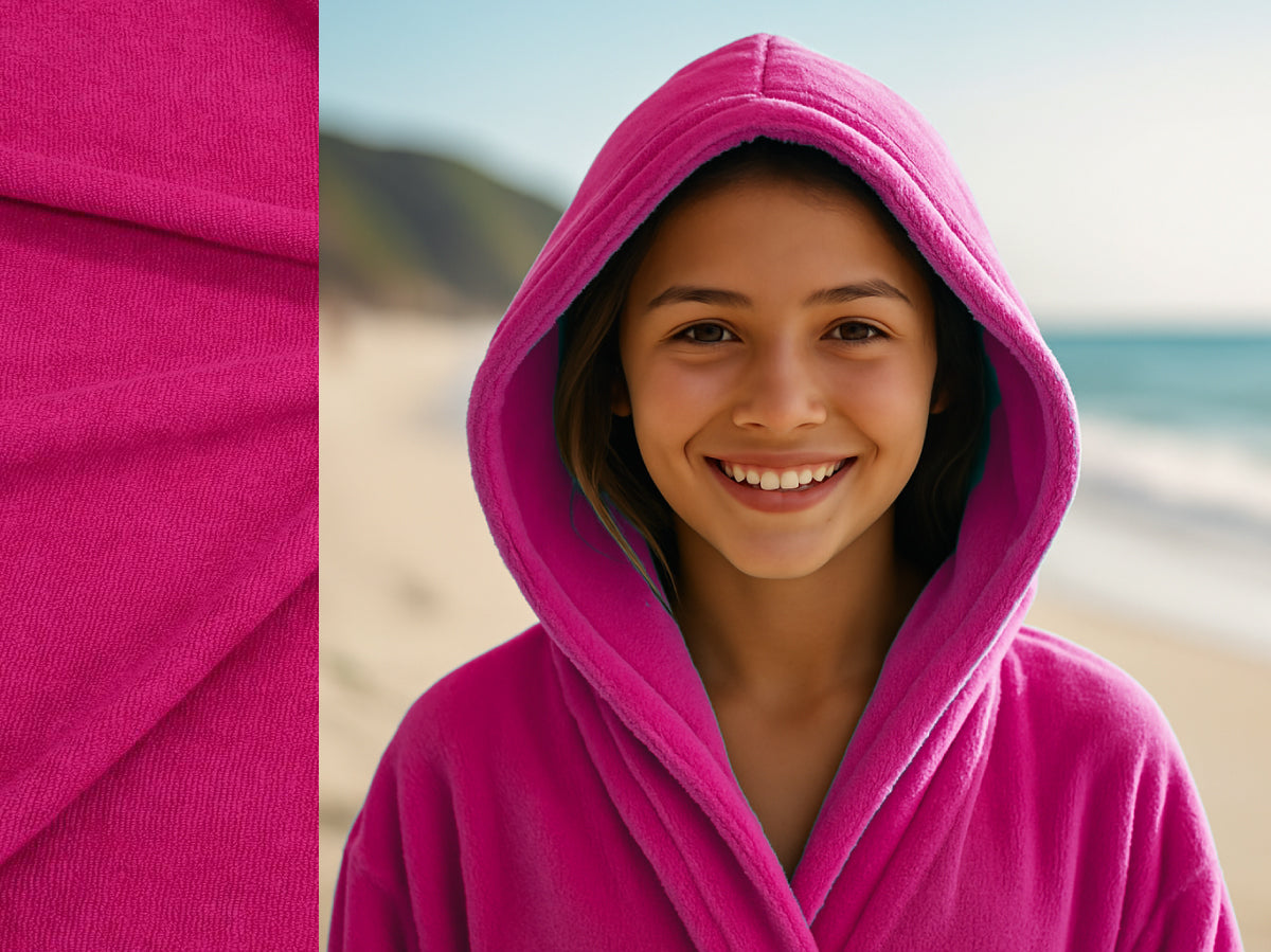 Pink towel hoodie on Teen at beach – Bean Design