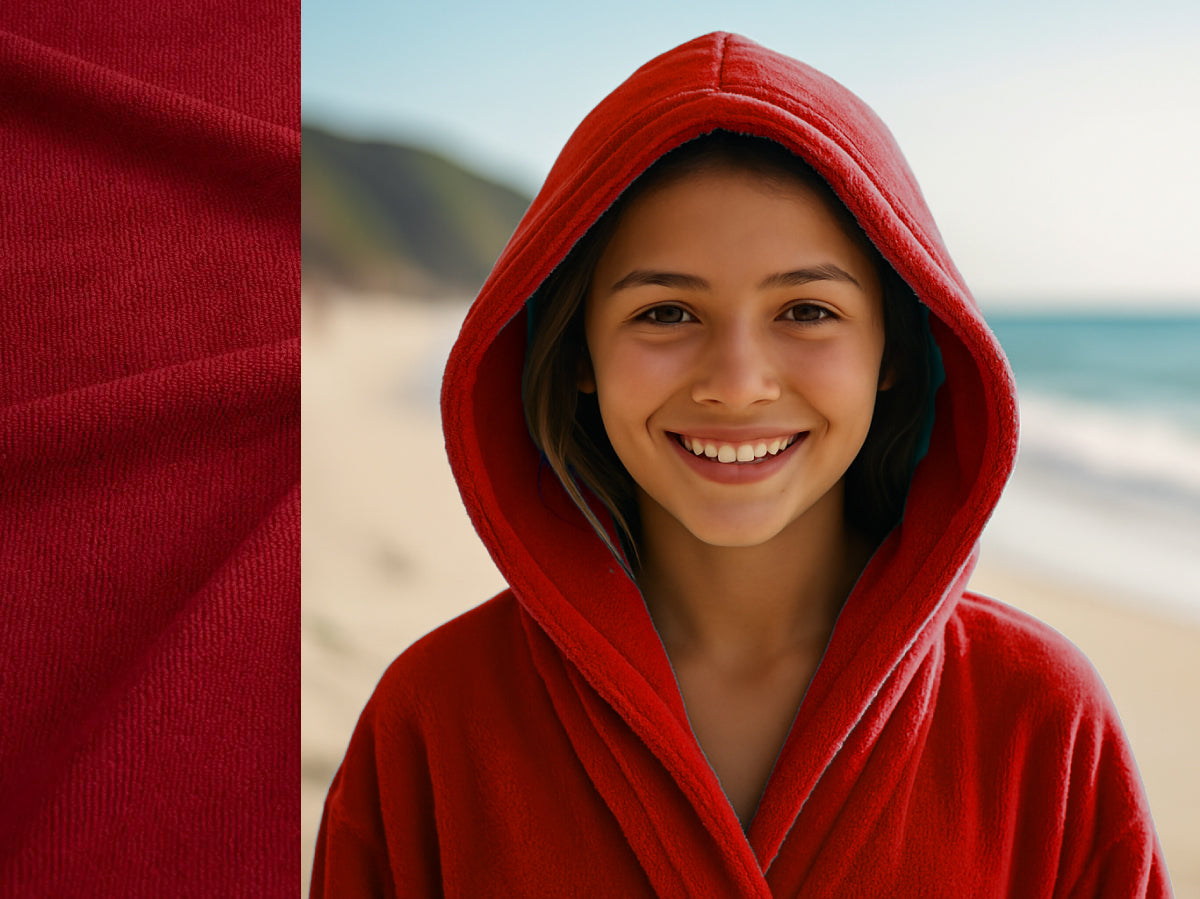 Red towel hoodie on Teen at beach – Bean Design