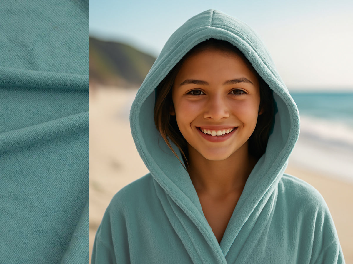 Teal towel hoodie on Teen at beach – Bean Design
