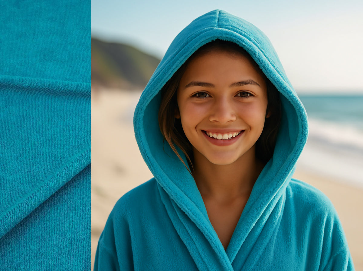 Turquoise towel hoodie on Teen at beach – Bean Design