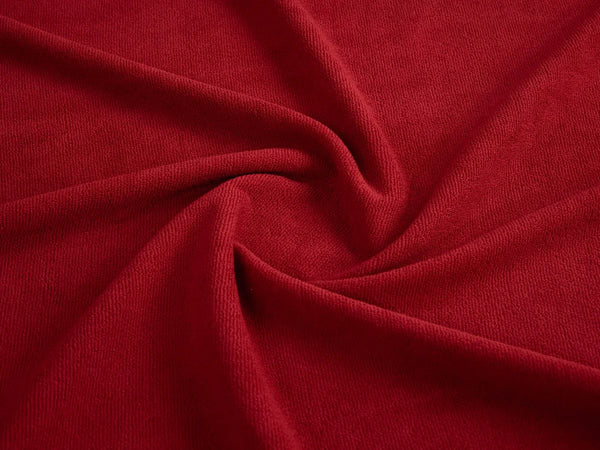 Close-up of red towel fabric from Bean Design hoodie